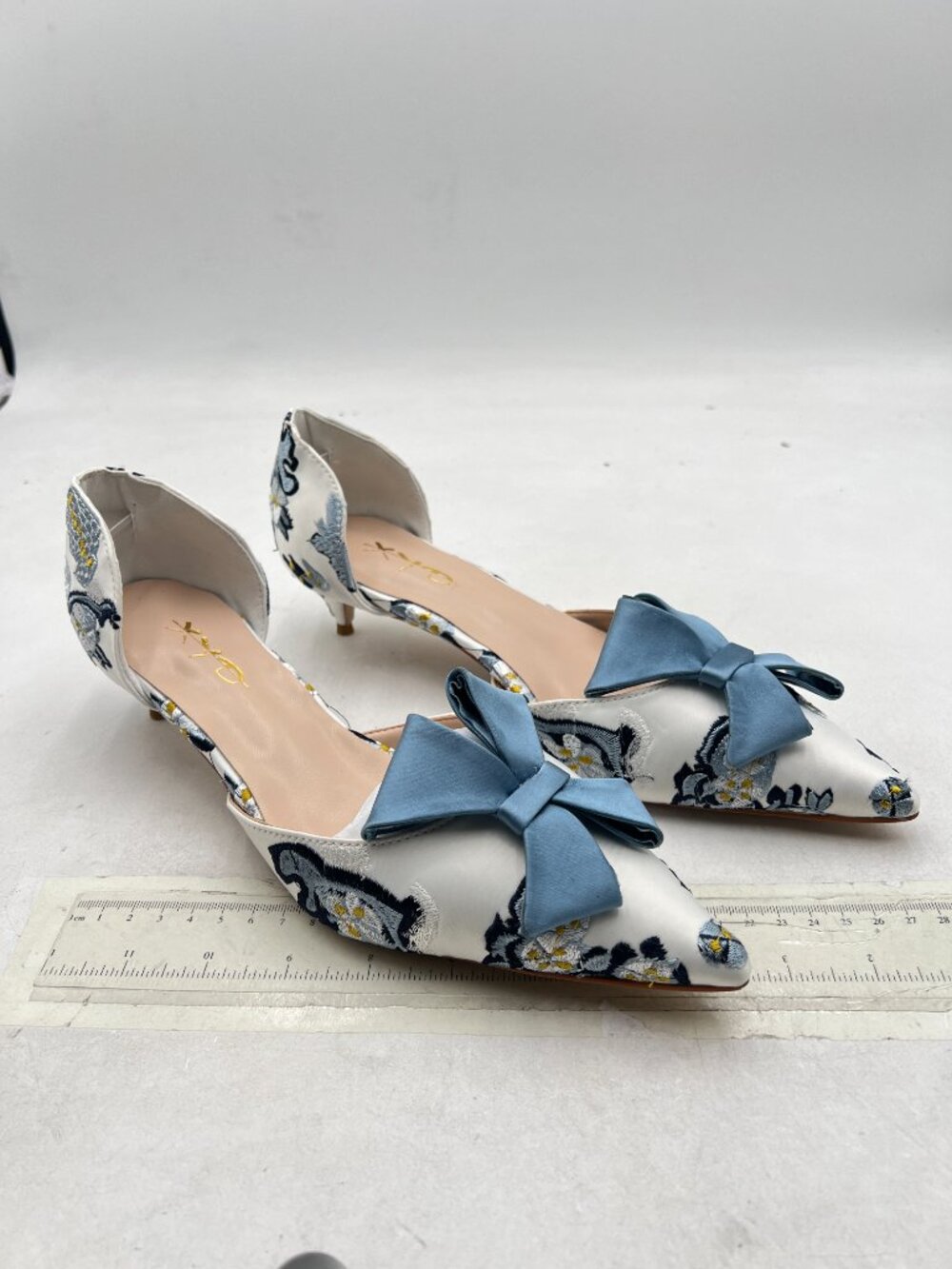 XYD Blue Bloom Embroidery D'Orsay Kitten Heel Bridal Bowknot Pumps Prom Shoes - Picture 3 of 7